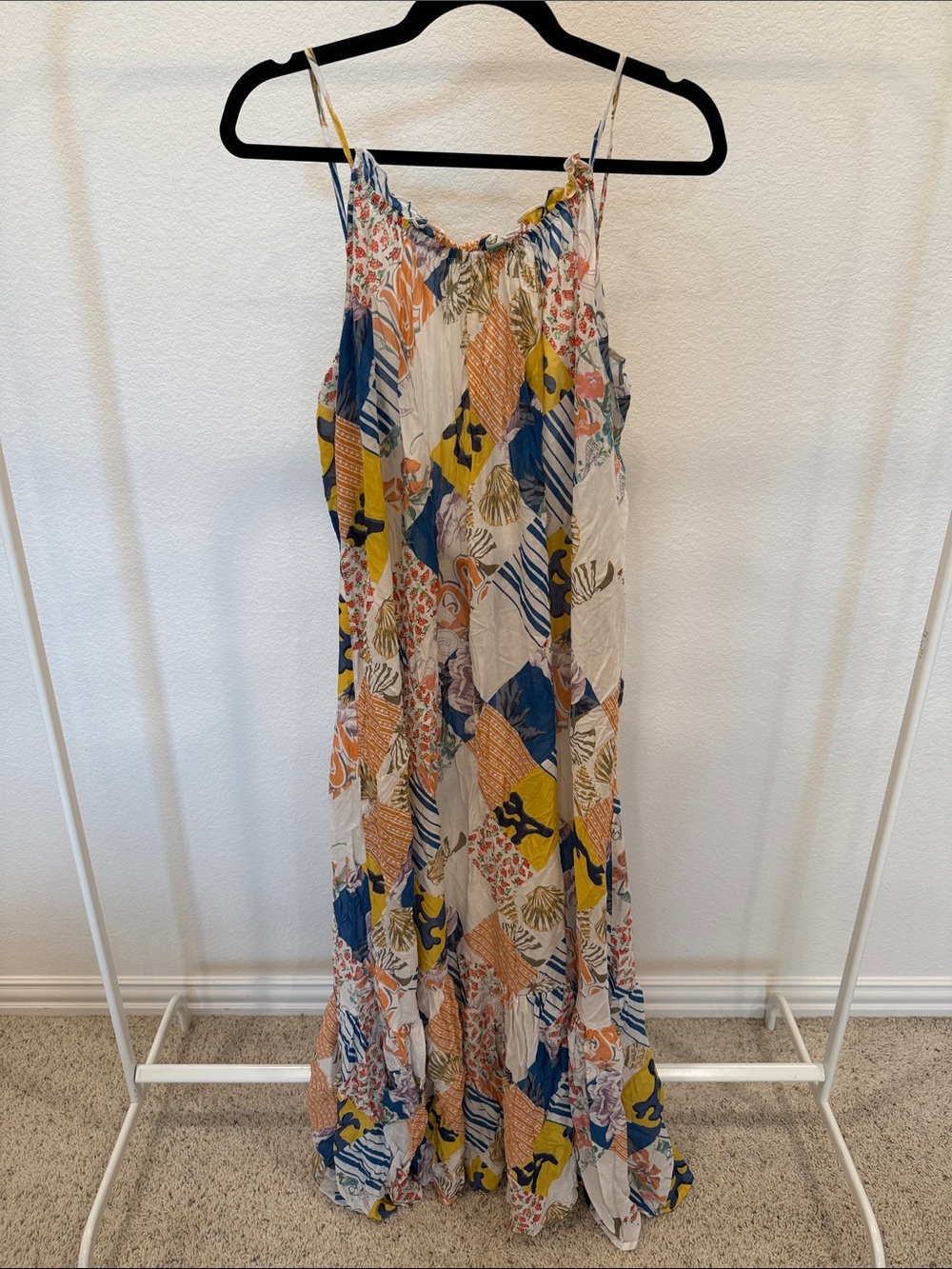 Anthropologie Mixed Patchwork Maxi Coverup in Blue, Yellow, Orange, Cream